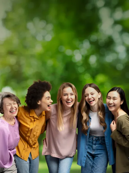 Five joyous women representing gynaecology care.